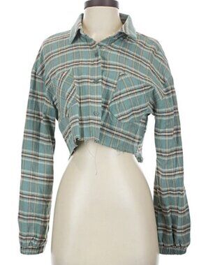 ButtonDown Crop Teal Herringbone Shirt NWT